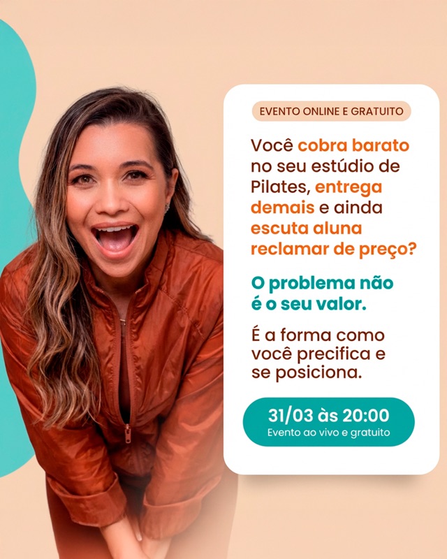 Anúncio de evento sobre precificação para estúdios de Pilates