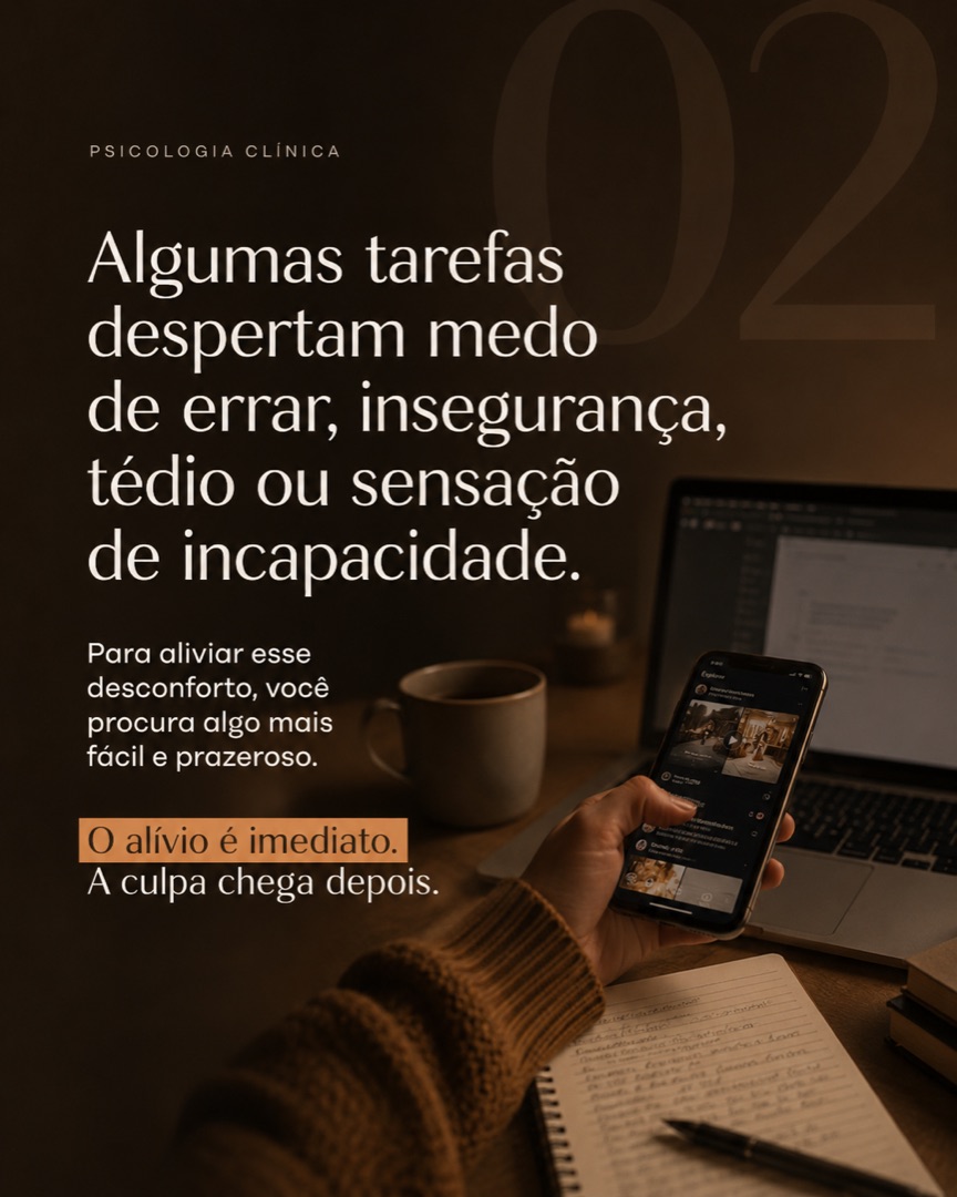 Slide 2 do carrossel sobre procrastinação e evitação de desconforto